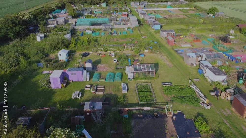 Drone shot mavic mini 2. Allotment gardens, agriculture, gardening, self sufficient vegetables and fruit. Filmed East Yorkshire. England. 16.6.2022 Drone shot mavic mini 2. Allotment gardens, agriculture, gardening, self sufficient vegetables and fruit. Filmed East Yorkshire. England. 16.6.2022