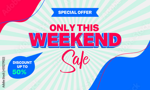 Weekend Sale Banner for Digital Social Media Marketing Advertising. New Offer and Shopping Discount. Social Media Trendy Template for Ad Poster, Promo Flyer in Funky Memphis Style. Vector Illustration