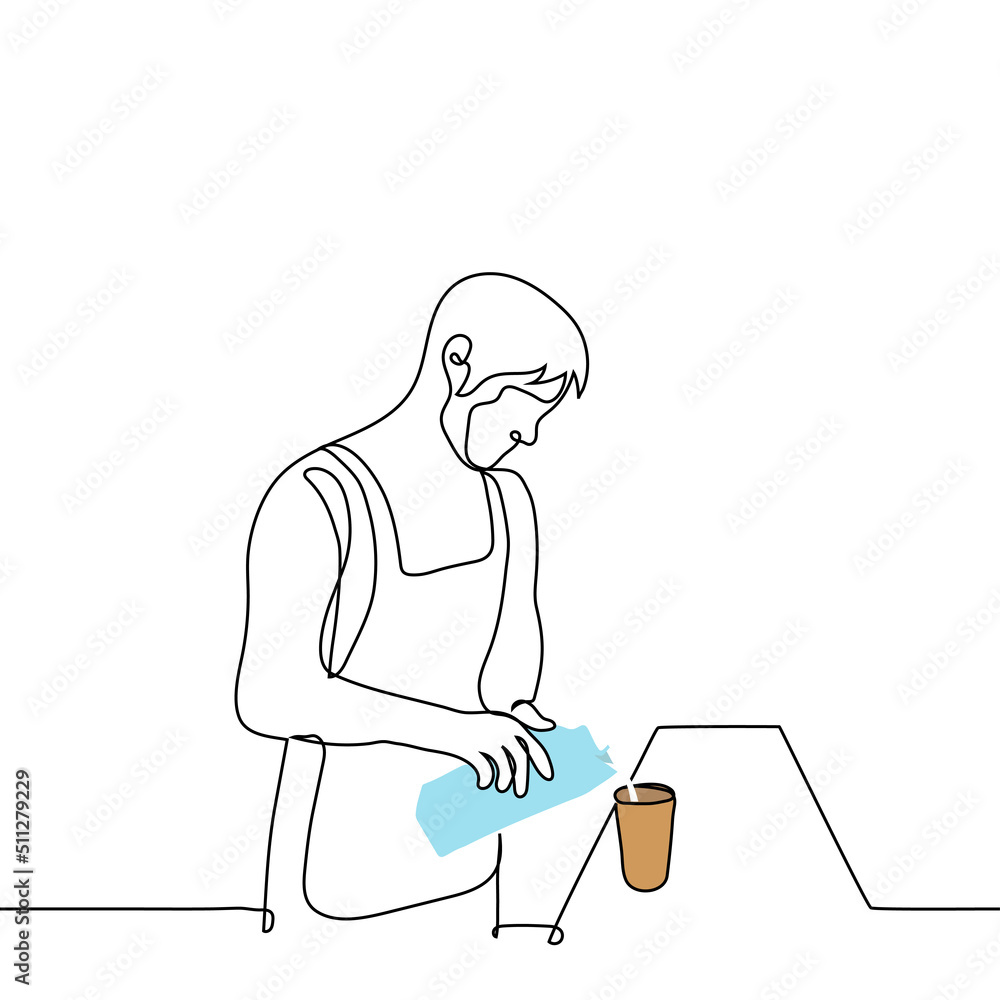 barista in an apron pours milk from a box into a coffee cup - one line drawing vector. concept of making coffee or milkshake barista in an apron pours milk from a box into a coffee cup - one line drawing vector. concept of making coffee or milkshake