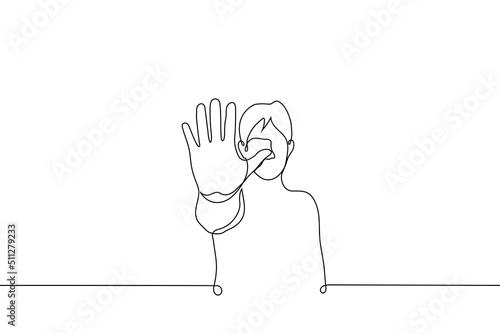 man put his palm forward - one line drawing vector. concept gesture of resistance, refusal, stop, cessation,  disconnection, ban, ignoring, blocking, disconnection, ban, ignoring, blocking