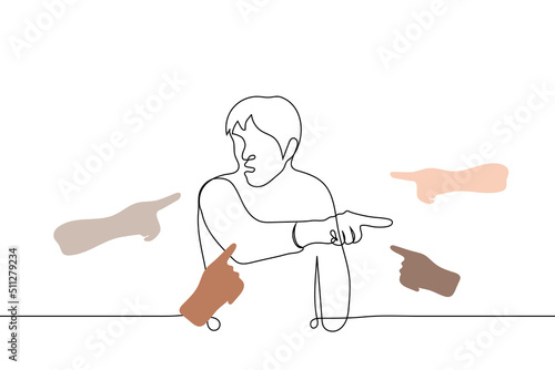 man is surrounded by people pointing fingers at him, man himself is pointing finger at someone denying accusations - one line drawing vector. concept culture of cancellation, accusations, censure