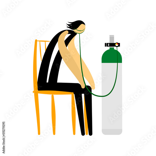 Illustration of cartoon character, oxygenation supportive via nasal cannula tube and liquid oxygen tank.