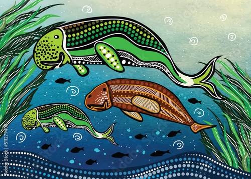 Aboriginal art vector painting with dugong family