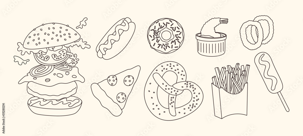 Various fast food. Vector hand drawn illustration. All elements are isolated.