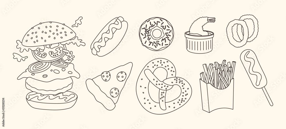Various fast food. Vector hand drawn illustration. All elements are isolated. Various fast food. Vector hand drawn illustration. All elements are isolated.
