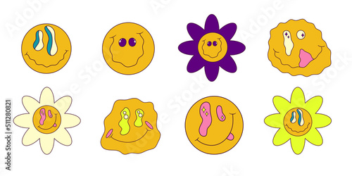 Trippy smile set in trendy style. Vector crazy illustration. Retro cartoon icon with orange trippy smile on white background. Daisy flower with face. Retro y2k style.