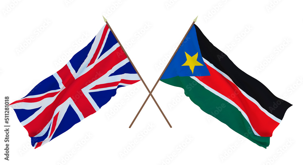 Background for designers, illustrators. National Independence Day. Flags The United Kingdom of Great Britain and Northern Ireland and  South Sudan