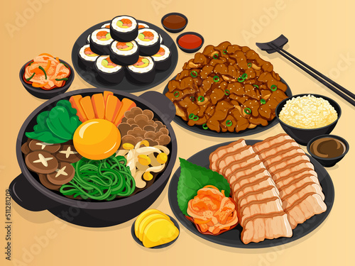 Korean food menu set collection. (Bibimbap, Bulgogi, Bo-ssam, Kimbap and Kimchi) Asian foods menu set close Up illustration vector. Korean mixed rice with meat with boiled pork wrap and korean seaweed