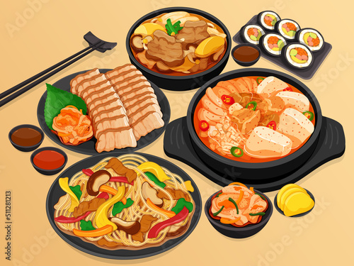 Korean food menu set collection. (Kimchi jjigae, Japchae, Bo-ssam and Gamjatang) Asian foods menu set close Up illustration vector. Korean spicy soup, Stir fried noodles, Boiled pork wrap, Rice rolled