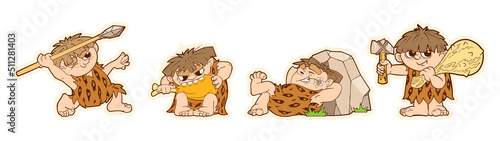 A set of funny stickers of a prehistoric primitive man, dynamic figures of a character in a cartoon style. Stickers, decals, characters for animation. Vector illustration