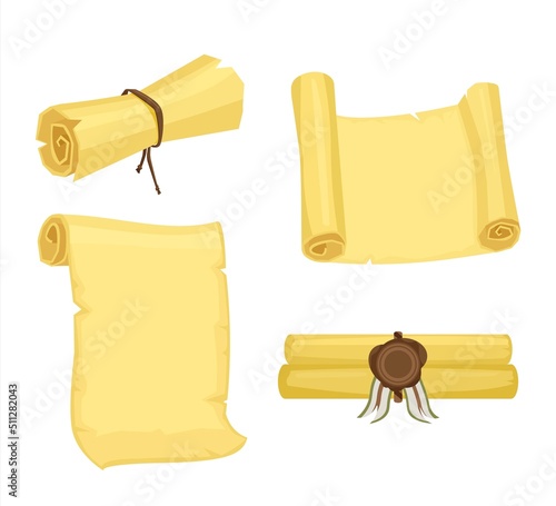 Cartoon old paper scroll and parchment vector set illustration