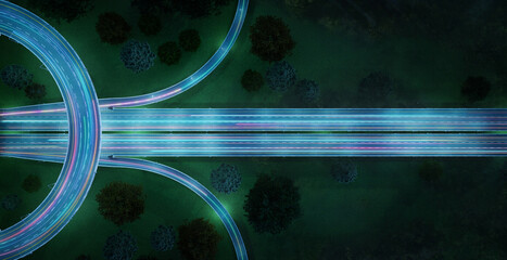 Papier peint photo Autoroute de nuit Vue aérienne autoroute illuminée nocturne  © jamesteoh.art
