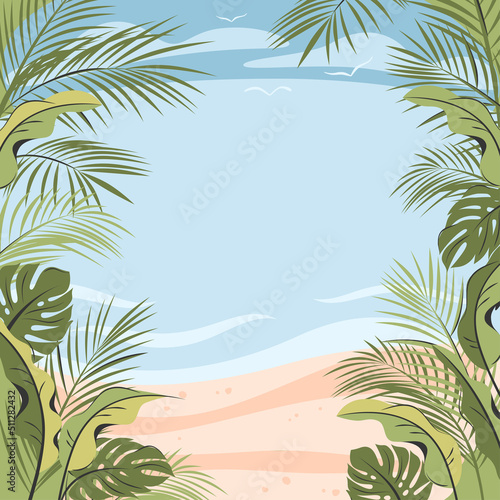 Tropical Beautiful Beach. Frame template for banners with different leaves palm against the background of the ocean or sea . Travelling, summer vacation concept, tourism, summer holiday. Vector illus