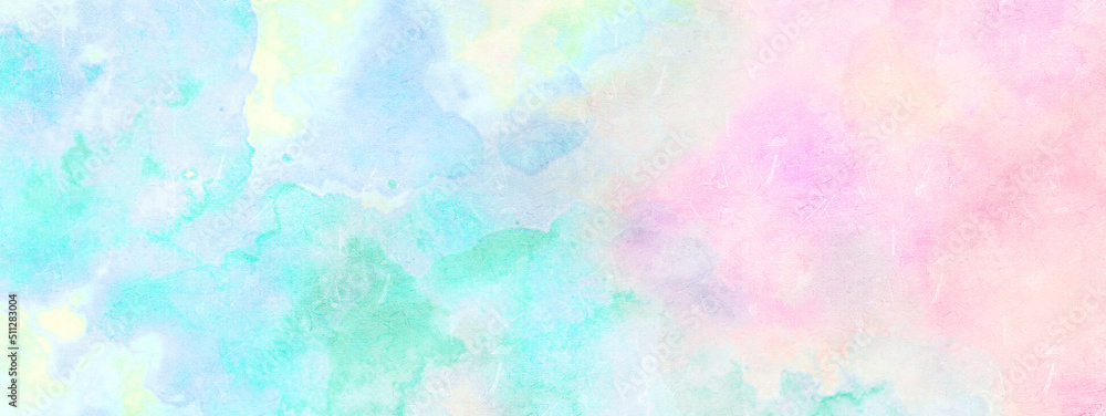 Summer background with pastel color stains pattern. Watercolor on paper texture. Panoramic tile. 