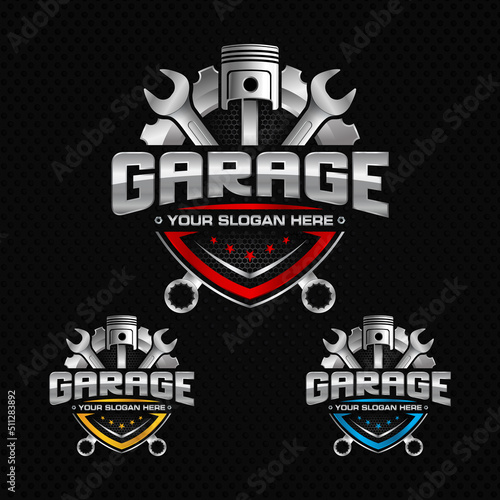 Auto repair logo. Emblem with Piston, Gear and wrench element. Perfect logo for automotive company.