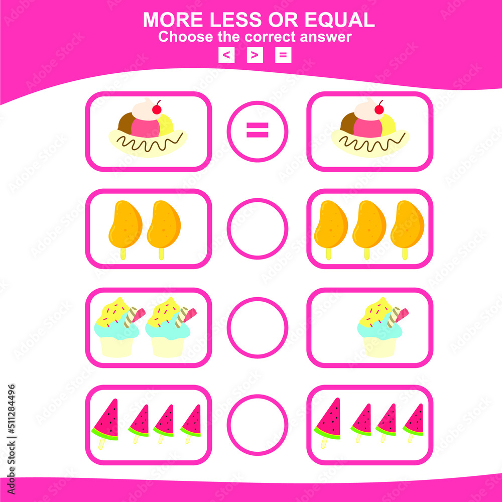 Math educational game for children. Counting ice cream. Choose more, less or equal game. Educational printable math worksheet. Vector illustration. Math educational game for children. Counting ice cream. Choose more, less or equal game. Educational printable math worksheet. Vector illustration.