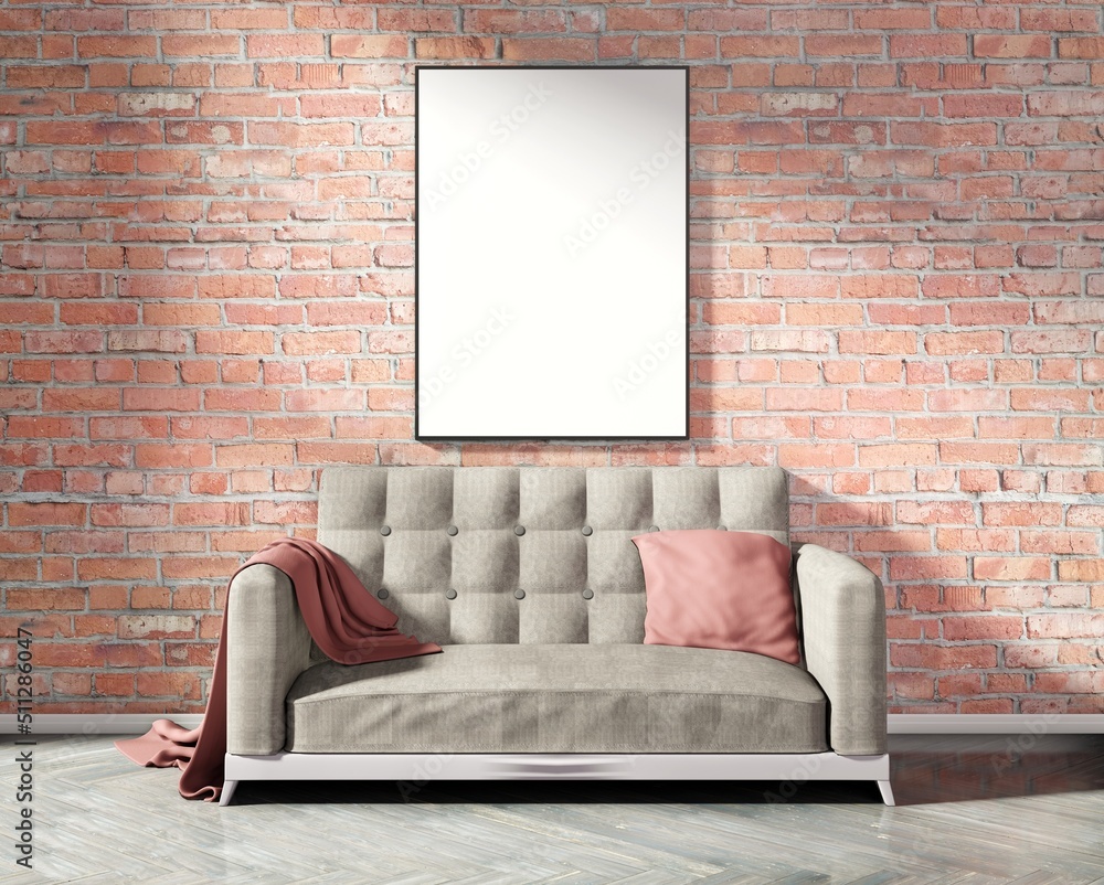 Frame template on the brick wall above the couch with pillow and plaid