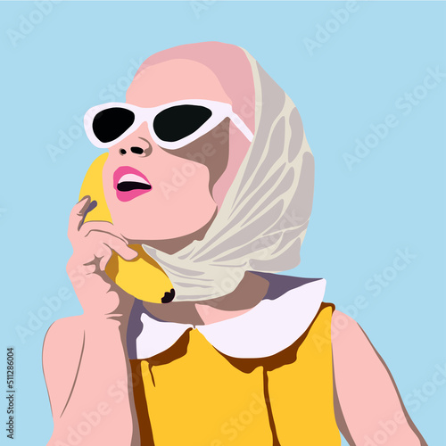Girl with a banana on a blue background