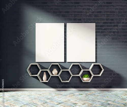 Two frames on the black wall. Template for pictures and lettering. Wooden floor. 3D rendering