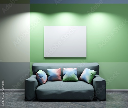 Empty frame template above couch. Green wall with spotlights. 3D rendering