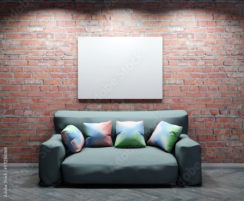 Frame template on the brick wall. Interior with sofa and pillows. 3D rendering