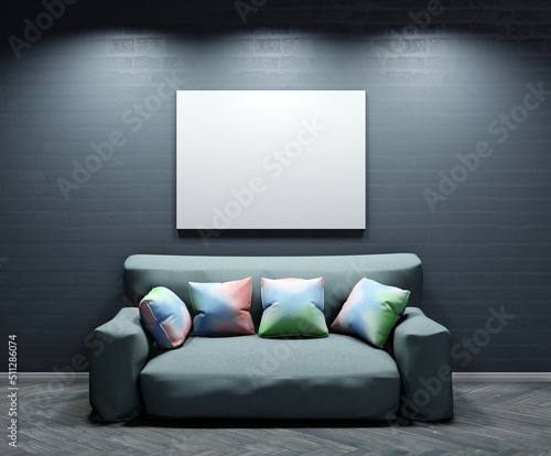 Black wall with white poster template. Dark interior with couch and pillows. 3D rendering