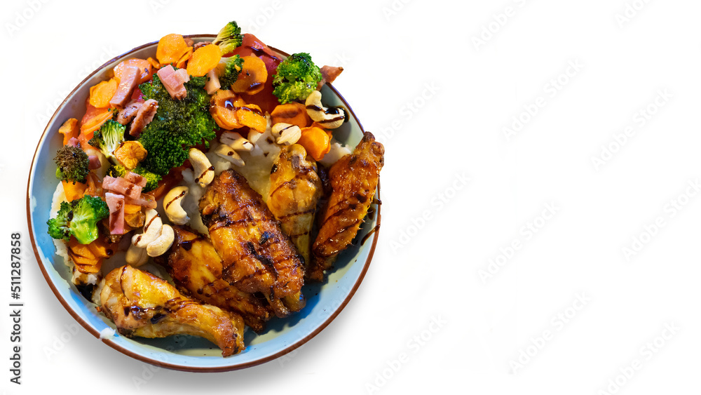 Grilled chicken with vegetables. White background.