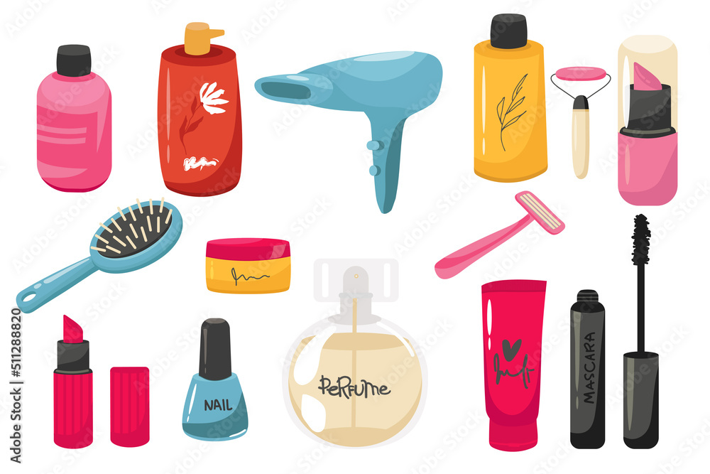 Set of make up products, brushes and tools isolated on background. Vector illustration. Vector illustration , cream, razor, hair dryer, comb, lipstick, mascara, perfume, varnish, soap, shampoo Set of make up products, brushes and tools isolated on background. Vector illustration. Vector illustration , cream, razor, hair dryer, comb, lipstick, mascara, perfume, varnish, soap, shampoo