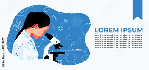 Poster illustration of girl scientist with long black hair. Wise thinking and engineering process. Chemists discovering antiviral remedies in chemical and medical laboratories. Flat design. Blue.