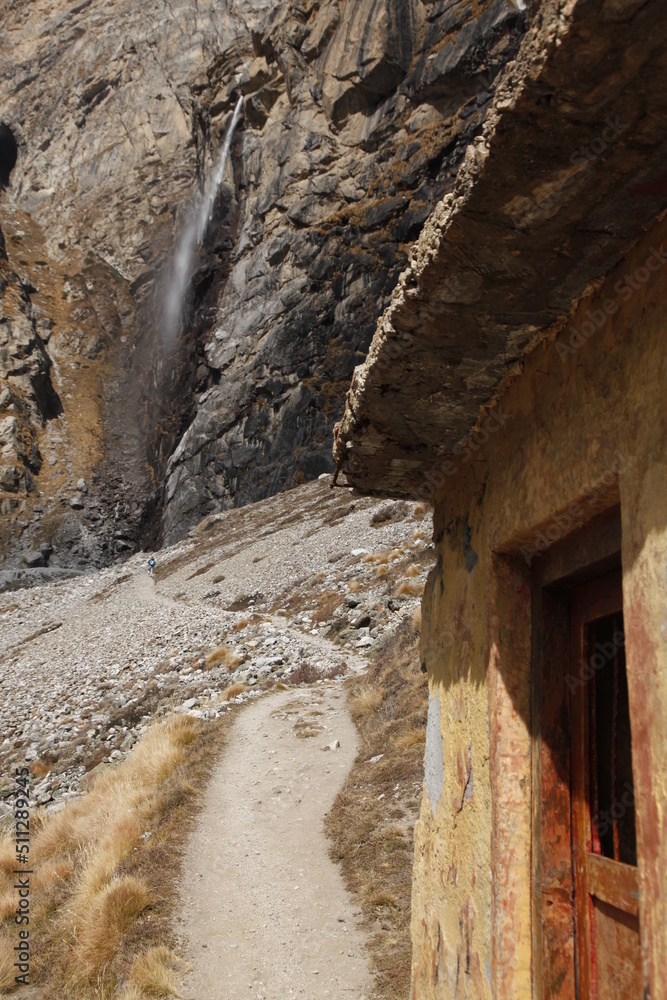 India, Himachal Pradesh, Spiti Valley, Khurik village, ladder to flat house roof piled with protective brushwood