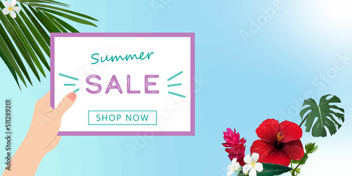 Hand-held summer sale flyer. tropical plants, sky, website, greeting card,