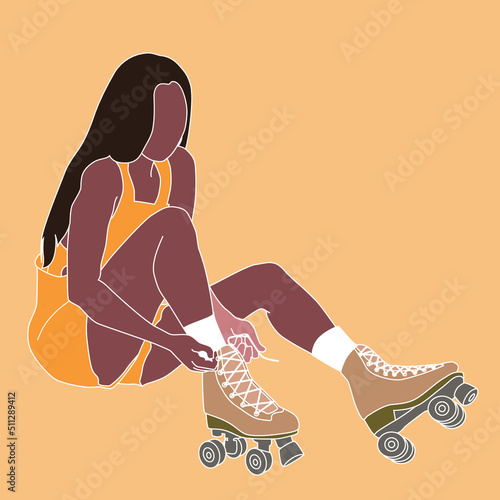 Vector illustration: a beautiful woman with long hair and shorts sitting on the ground wearing roller skates