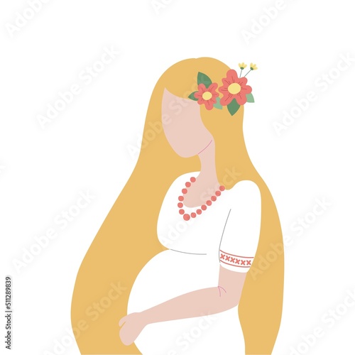 Happy mother's day. A young pregnant woman in a white dress is glad that she is expecting a baby. Vertical modern postcard with a white background. Vector