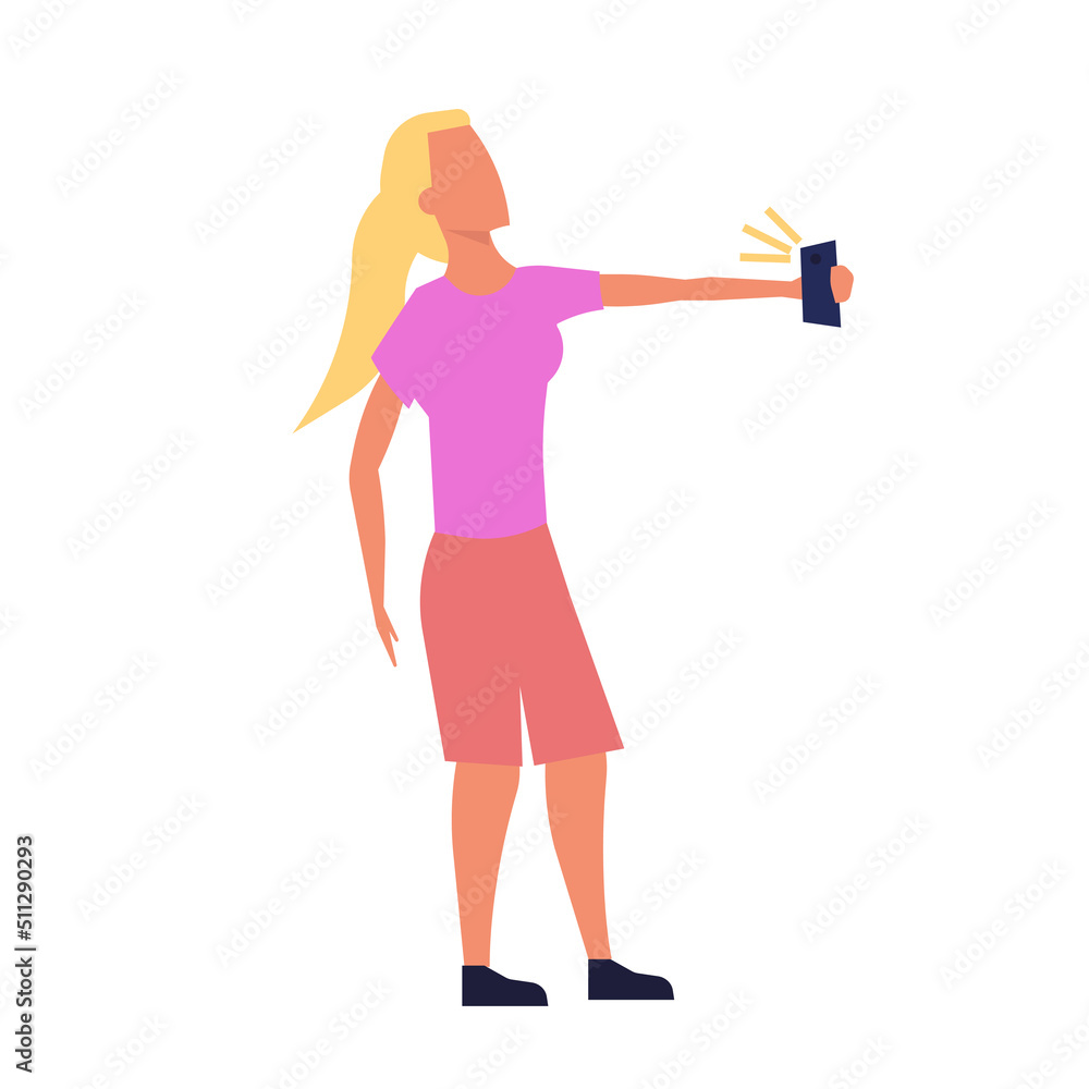 Woman make selfie vector illustration. Photo portrait female on phone and smartphone lifestyle. Self camera and telephone face friend. Social device communication and photography smiling icon Woman make selfie vector illustration. Photo portrait female on phone and smartphone lifestyle. Self camera and telephone face friend. Social device communication and photography smiling icon