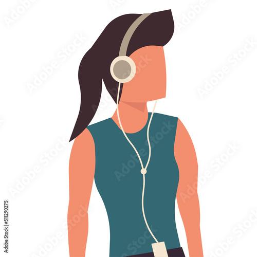 Woman with music headphone vector illustration. Female girl listening earphone and sound lifestyle. Fashion lady dj and teenager character avatar. Entertainment device mobile technology enjoyment