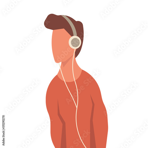 Man with music headphone vector illustration. Male boy listening earphone and sound lifestyle. Fashion man dj and teenager character avatar. Entertainment device mobile technology enjoyment