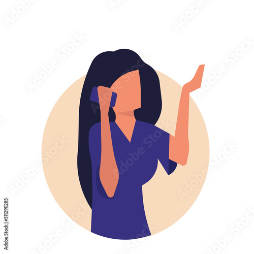 Woman with phone vector illustration technology icon. Business mobile and communication character female. Businesswoman call on device and talking network. Work cellphone and happy conversation human