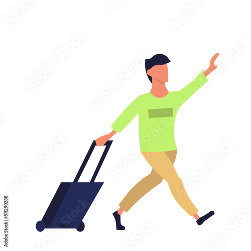 Man with luggage travel and vacation baggage. Passenger trip tourist and holiday tourism. Departure businessman cartoon and traveler carrying arrival. Summer lifestyle adventure and voyage male