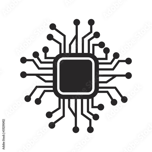 Cpu chip technology vector digital electronic. Computer processor illustration board icon and communication tech hardware. Microchip motherboard engineering datum and symbol pc core equipment device