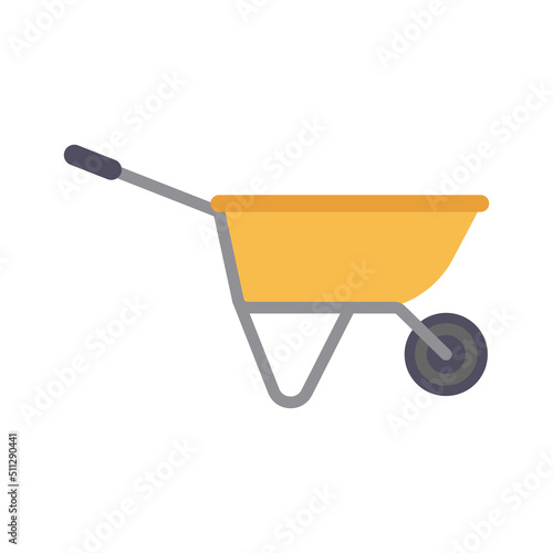 Wheelbarrow vector illustration icon tool. Gardening equipment wheel and agriculture cart. Garden farm symbol isolated white and barrow construction work. Carry load transport handle and heavy push