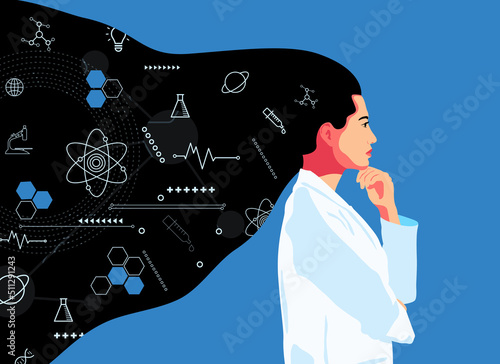 Poster illustration of girl scientist with long black hair. Wise thinking and engineering process. Chemists discovering antiviral remedies in chemical and medical laboratories. Flat design. Blue.