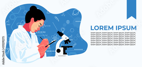 Poster illustration of girl scientist with long black hair. Wise thinking and engineering process. Chemists discovering antiviral remedies in chemical and medical laboratories. Flat design. Blue.