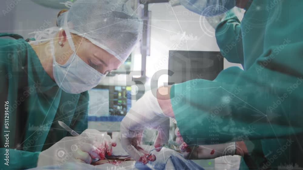 Network of connections against caucasian male and female surgeons performing operation at hospital Network of connections against caucasian male and female surgeons performing operation at hospital