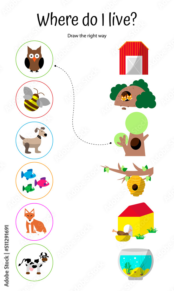 Animal house worksheet. Where I live. Draw path. Educational game for  preschoolers Stock Vector | Adobe Stock