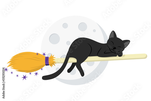 Cute black cat flying on witch's broom in front of full moon. Design element for Halloween banner, greeting card, party invitation. Isolated on white. Vector flat illustration