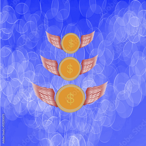 coins with wings flying, inflation concept, depreciation of money, vector illustration