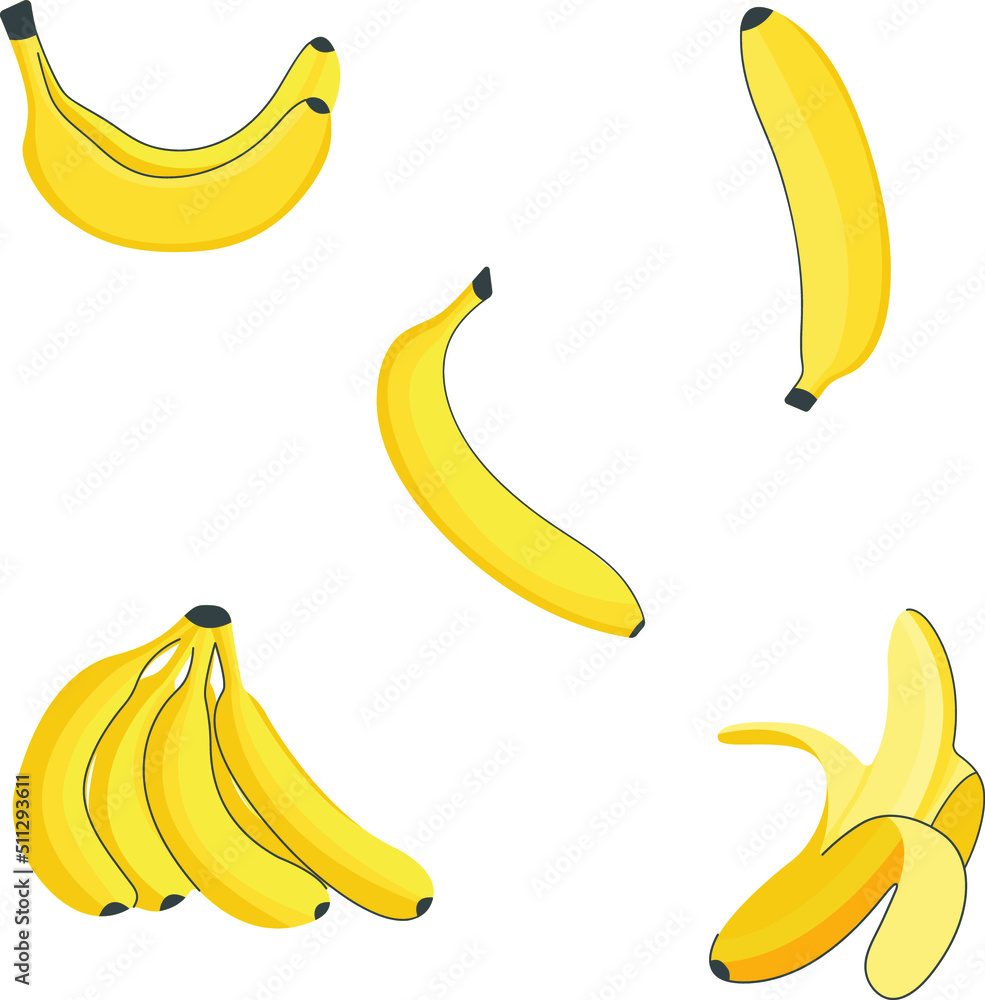 Banana set of five variations of bananas in light yellow color. Collection icons and stickers fruit.