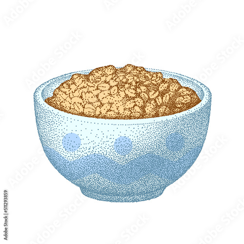 Granola bowl. Oatmeal breakfast cup, oat grain porridge. Cereal, healthy food diet, muesli flakes. Vector sketch. Realistic vintage illustration.