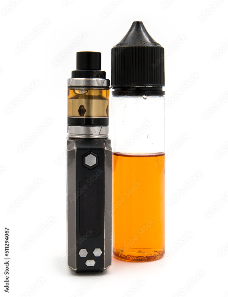Electronic cigarette, Vaping device and liquid oil on white background Electronic cigarette, Vaping device and liquid oil on white background