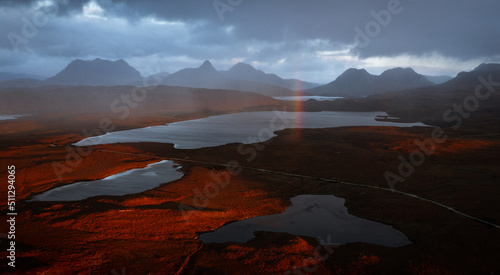 Last light over the Scottish Highlands with rainbow. Moody Scotland. Drone, Aerial Ullapool